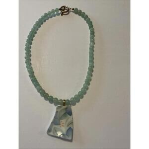 Aventurine Sea Pottery Beaded Necklace Floral Tile 16”